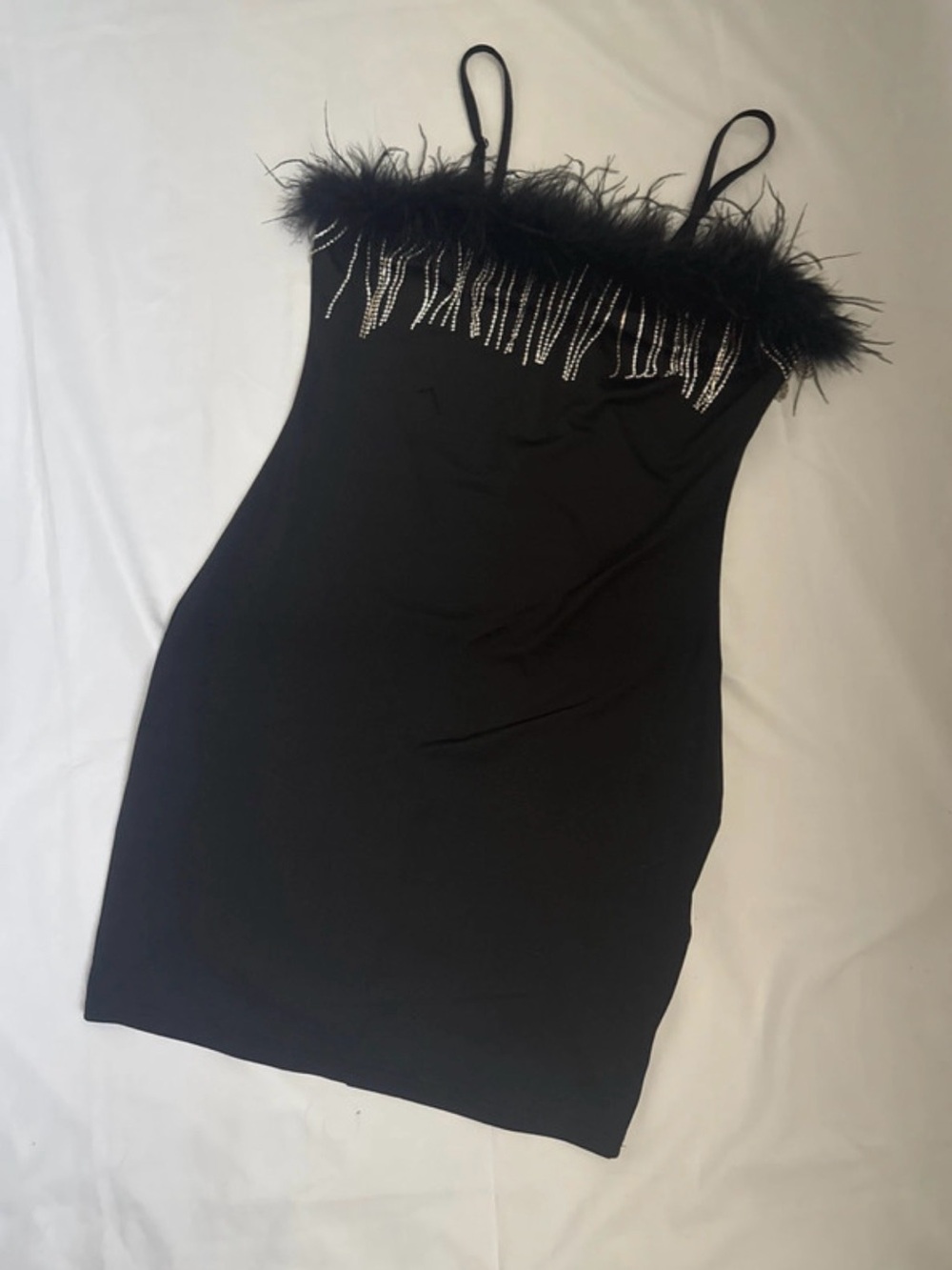 Black Feather-Trim Slip Dress with Rhinestone Fringe